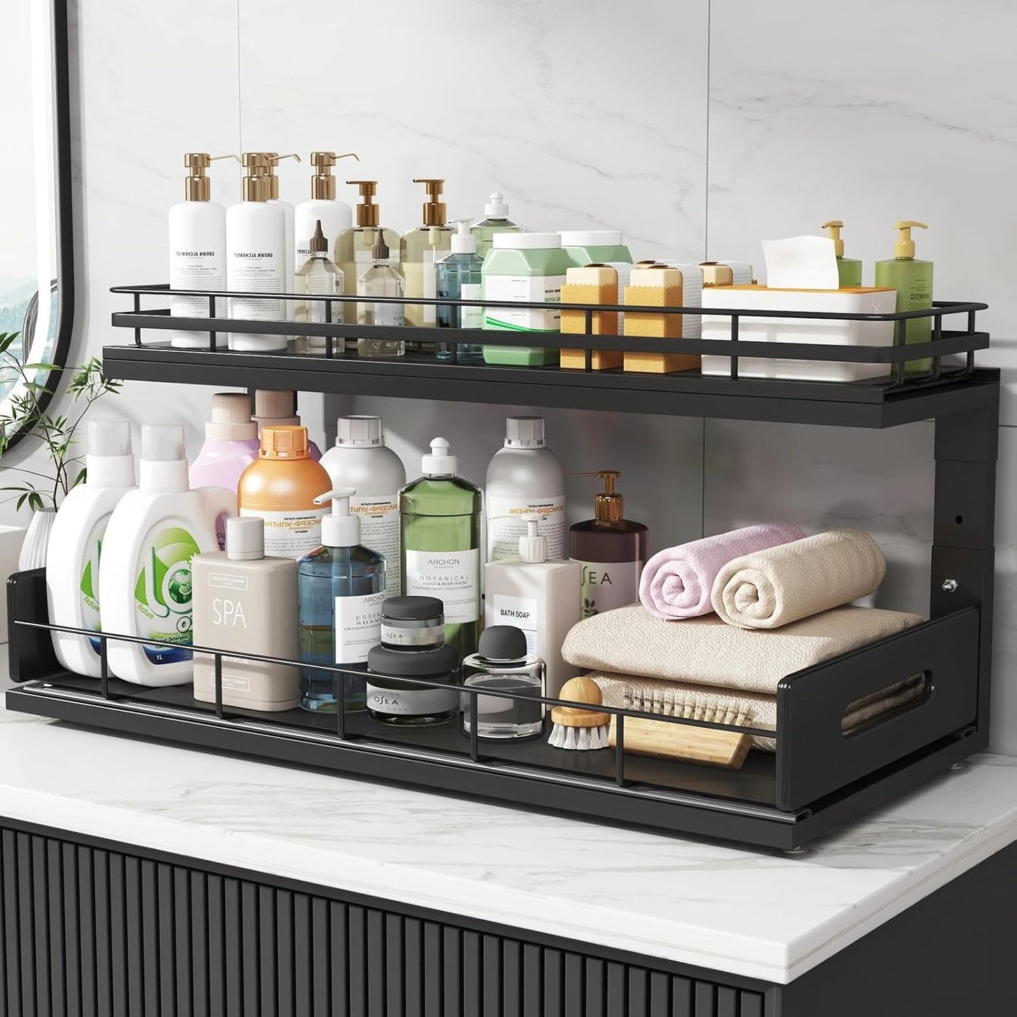 Under Sink Organizer Upgrade To Professional Rails,2-Tier Dual Pull Out Cabinet Storage,Height Adjustable Slide Out Drawers For Bathroom Kitchen,2 Pack-14.5" Dx12.8-16.9" H,White