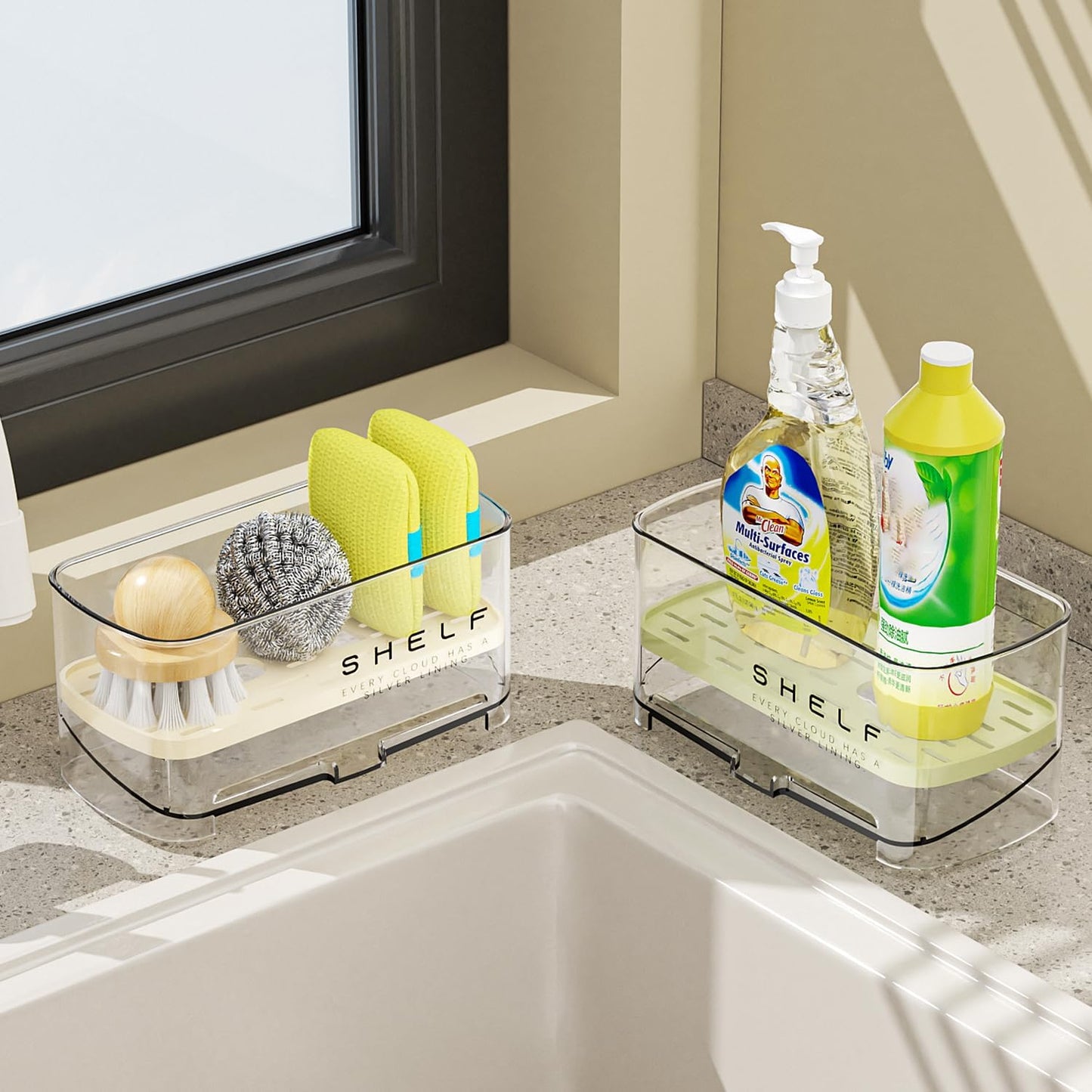 Sponge Holder for Kitchen Sink, Clear Acrylic Sink Organizer with Auto-Draining Tray, Countertop Sink Caddy for Sponges, Soap, Brush & Cleaning Tools