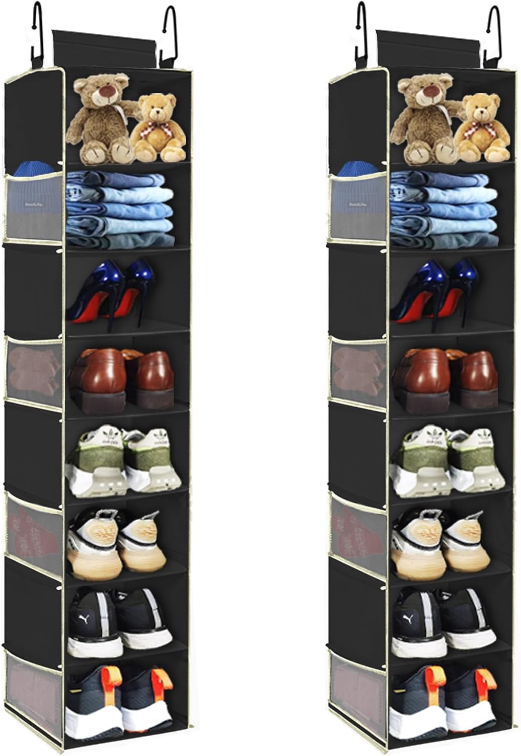 Large-Sized Hanging Shoe Organizer 8-Shelf, Hanging Closet Organizer with 8 Side Pockets, Wider Hanging Shelves for Storage Shoes Clothes 9" W × 11.8" D× 48" H, Grey