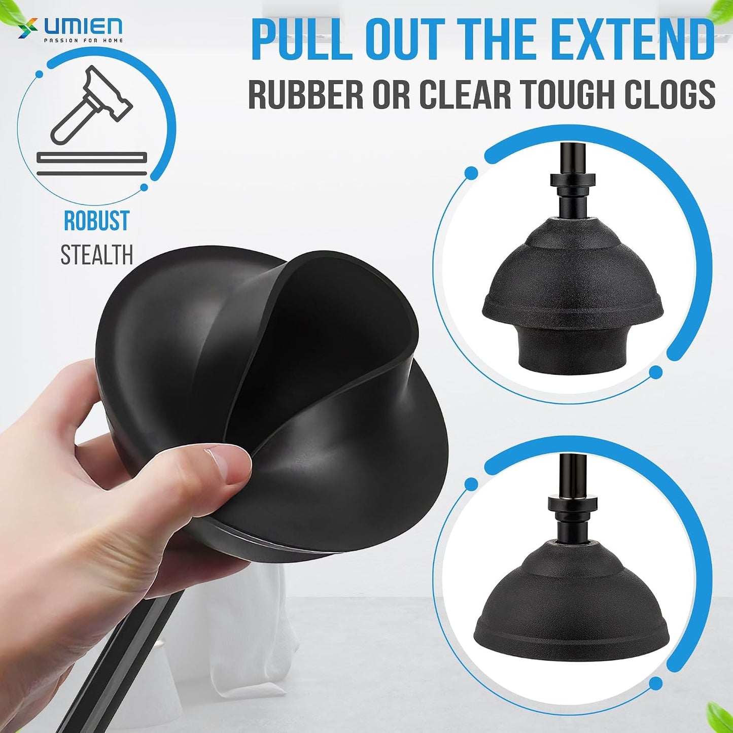 UMIEN Toilet Brush and Plunger Set 18-in - Updated 2025 No-Rust - Stainless Steel Design - Long Handles - with Freestanding Canister