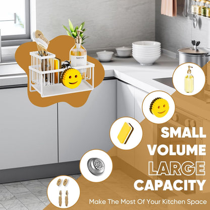 Sponge Holder for Kitchen Sink,Smiley Face Sink Caddy with Removable Brush Holder,Self-Draining Sponge Caddy for Soap,Dish Brush,Scrubber,Kitchen Essentials and Gadgets-Silver