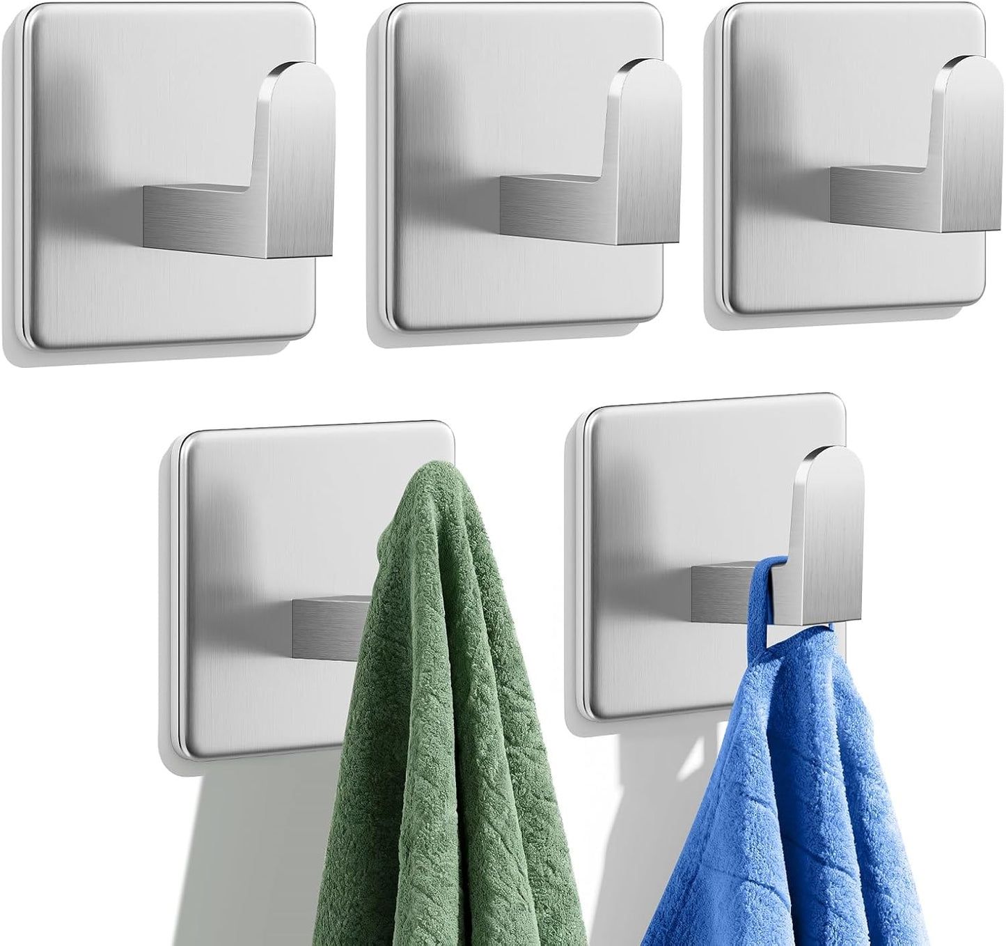 Auxmir Adhesive Towel Hooks, 5 Pack Heavy Duty Wall Hooks 15lb Max, No Drilling Sticky Hooks for Bathroom Shower Kitchen, Waterproof Rustproof Stainless Steel Hooks for Towels, Robes, Coats, Silver