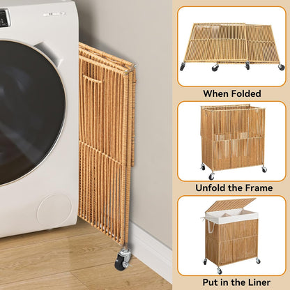 WOWLIVE Laundry Hamper with Wheels, 160L Handwoven Rolling Laundry Basket 3 Section with Lid, Clothes Hamper with Removable Liner Bags, Large Capacity Laundry Sorter Laundry Room Organization, Natural