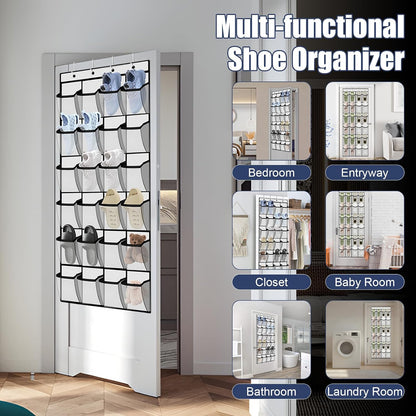 Over the Door Shoe Organizer - 24 Large Breathable Mesh Pockets, Space Saving Hanging Shoe Organizer with Metal Hooks, Hanging Shoe Rack for Men's and Women's Shoes (White)