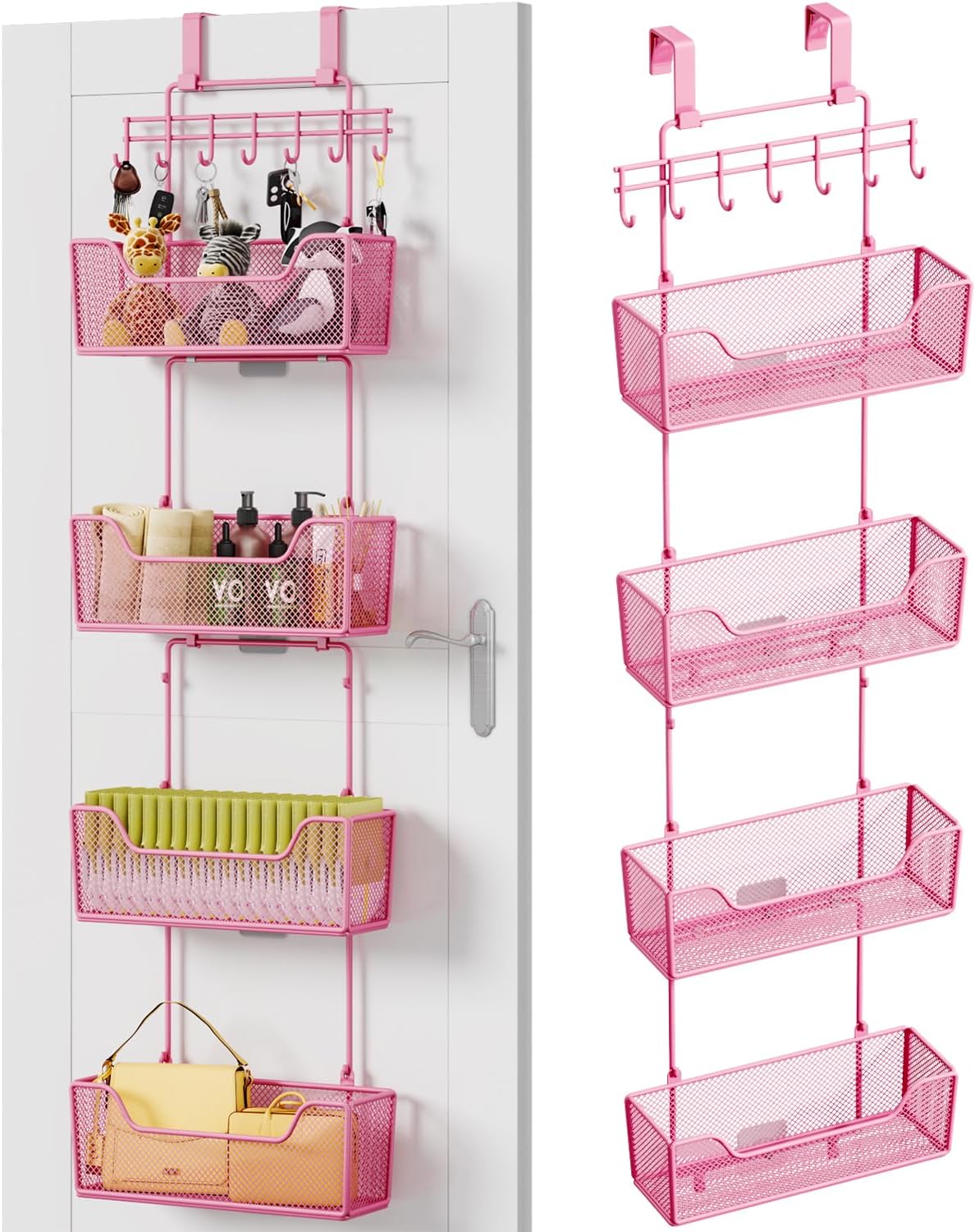 HapiRm Over The Door Organizer - Hanging Door Organizer with 4 Metal Large Capacity Baskets and Adjustable Coat Hook for Bathroom Bedroom Kitchen Pantry Closet Cabinet