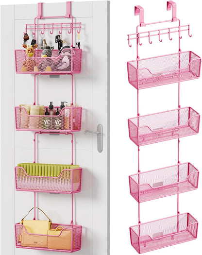 HapiRm Over The Door Organizer - Hanging Door Organizer with 4 Metal Large Capacity Baskets and Adjustable Coat Hook for Bathroom Bedroom Kitchen Pantry Closet Cabinet