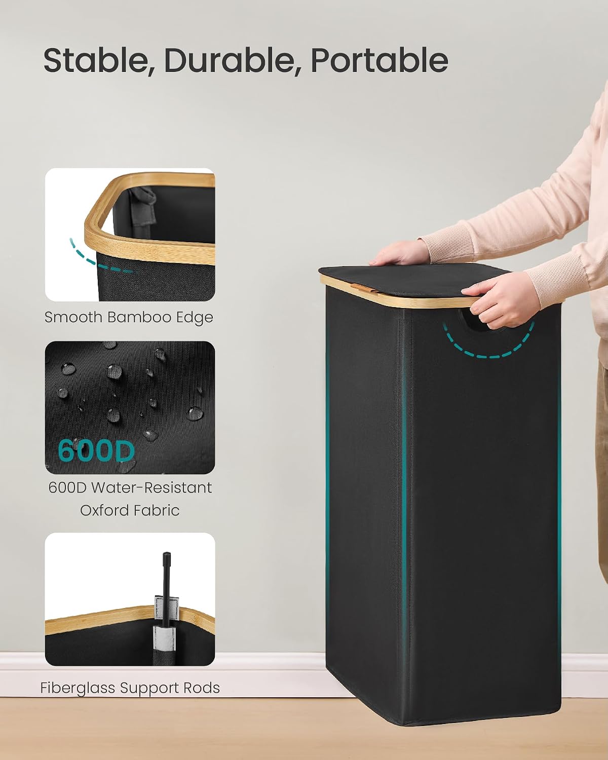 SONGMICS Laundry Hamper, Laundry Basket with Lid, Foldable Storage Basket, Bamboo Frame, for Bedroom, Living Room, Oxford Fabric, 37 Gal. (140 L), Cream White ULCB519WD01
