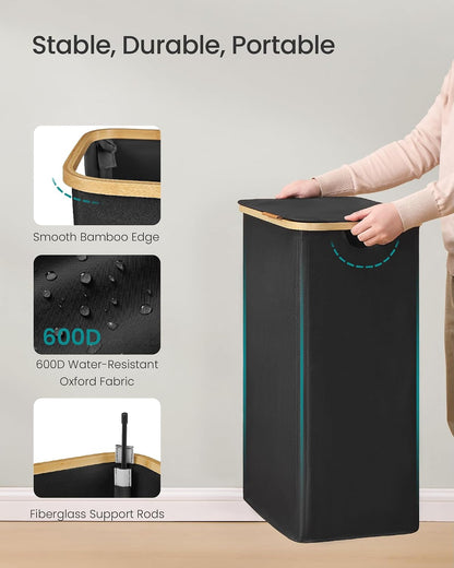 SONGMICS Laundry Hamper, Laundry Basket with Lid, Foldable Storage Basket, Bamboo Frame, for Bedroom, Living Room, Oxford Fabric, 37 Gal. (140 L), Cream White ULCB519WD01