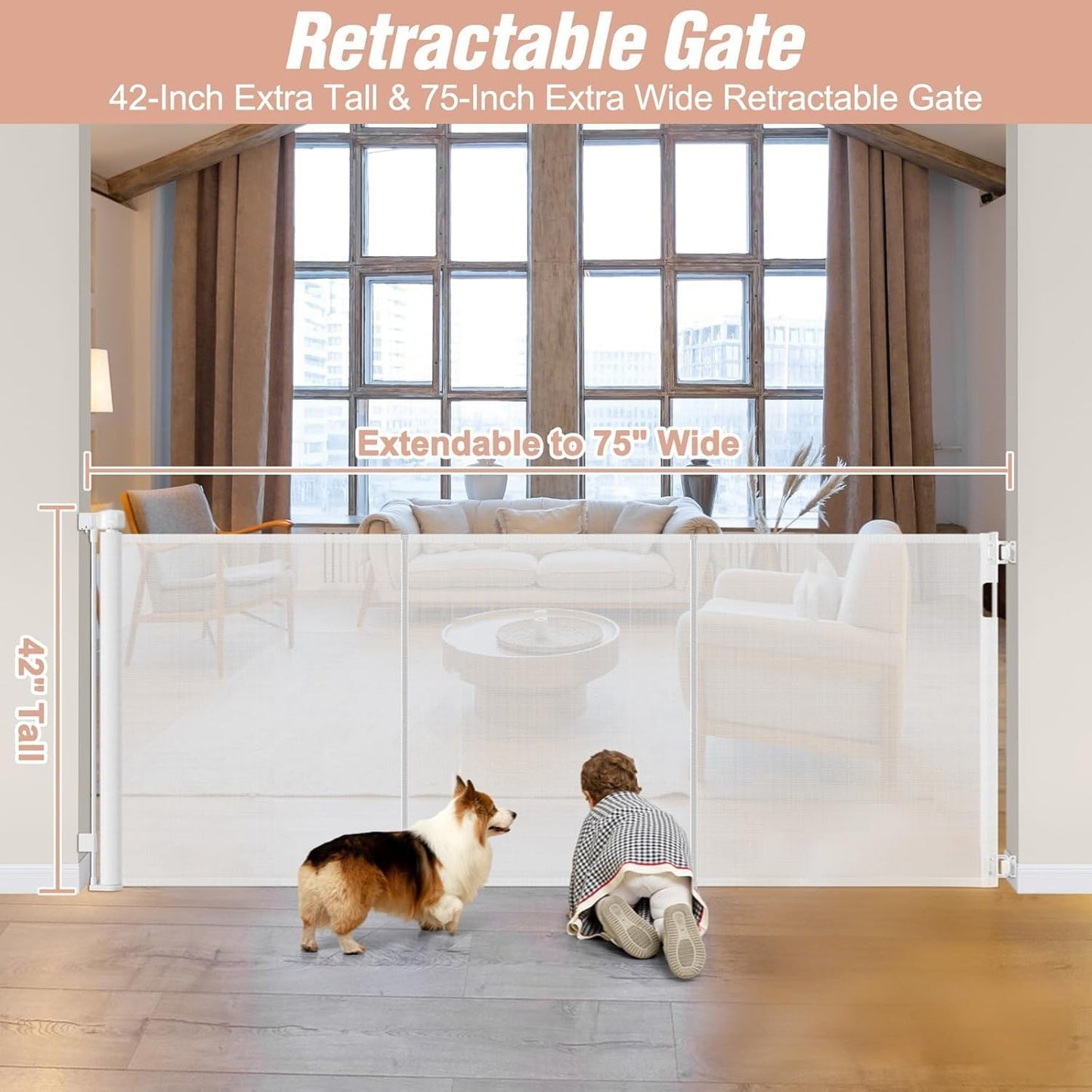 Newly Enhanced - 42" Tall × 120" Extra Wide Retractable Baby Gate Keeps Pets from Getting Under Tall Dog Gate, Indoor/Outdoor Baby Gates for Dogs, Retractable Dog Gate for Large Openings, White