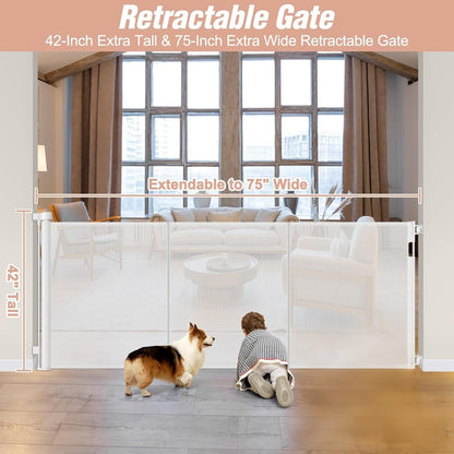 Newly Enhanced - 42" Tall × 120" Extra Wide Retractable Baby Gate Keeps Pets from Getting Under Tall Dog Gate, Indoor/Outdoor Baby Gates for Dogs, Retractable Dog Gate for Large Openings, White