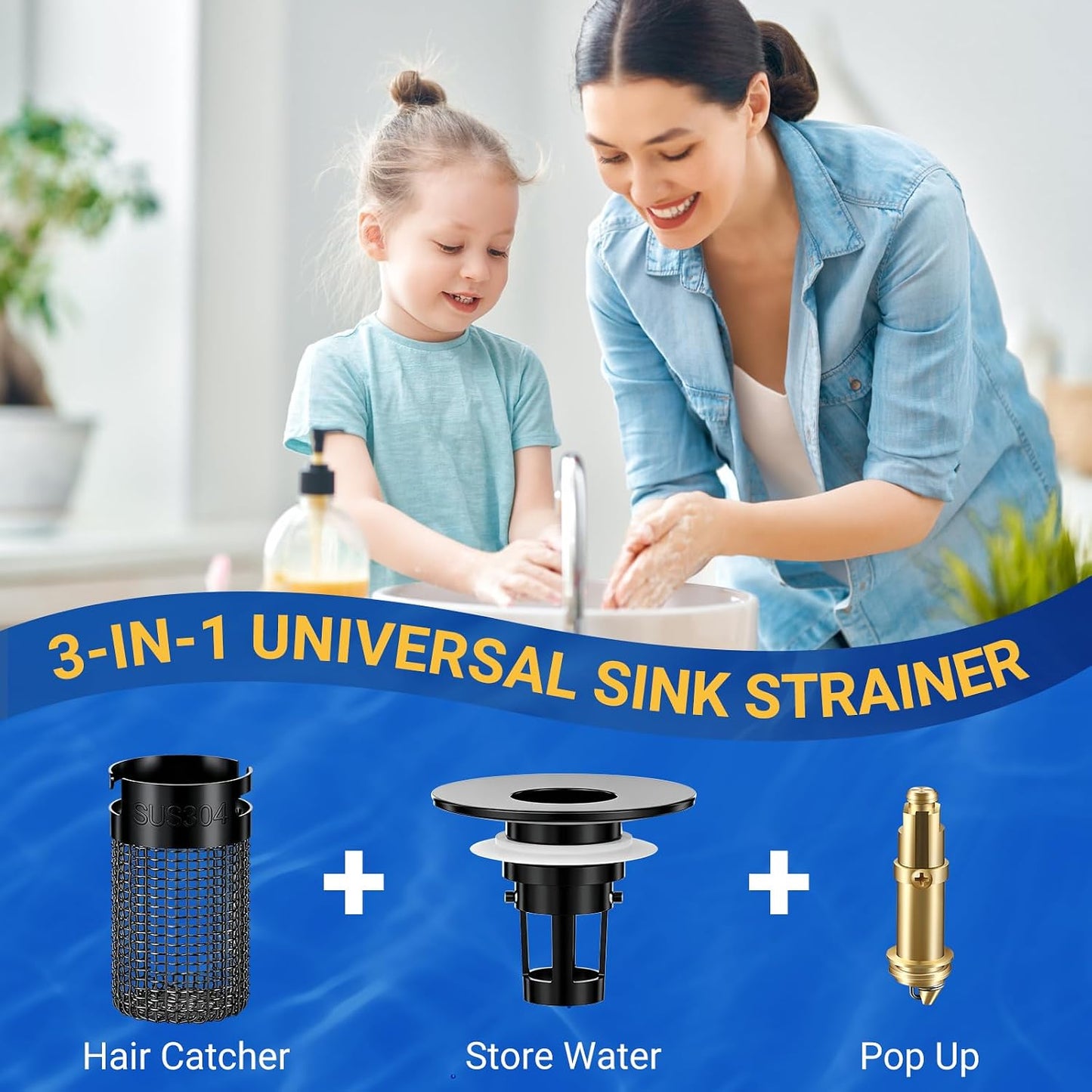 2PCS Bathroom Sink Stopper Strainer, Pop-Up Bathroom Sink Drain Strainer with Removable Stainless Steel Hair Catcher Basket, Universal Fit for US Bathroom Sinks, Bathtubs, Showers & Floor Drains