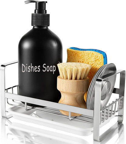 TEZZ Sponge Holder for Kitchen Sink- Stainless Steel Kitchen Sink Caddy for Organizing Sponge, Brush & Soap Dish Dispenser, coutertop Organizer Rack with Adhesive or Counter top, Black