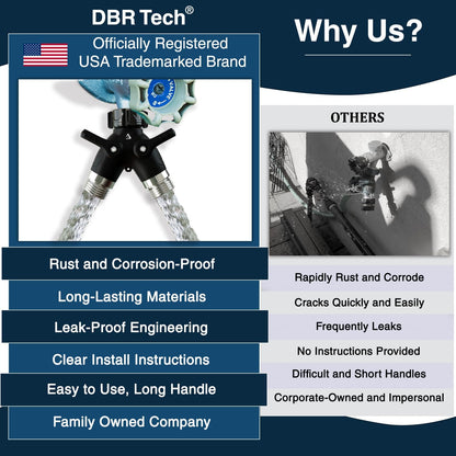 DBR Tech® Garden Hose Splitter 2 Way Heavy Duty | Faucet Adapter with Long Handle, Outdoor Water Spigot Hose Bib Y Wye Splitter, Dual Outlet Shut Off Valve Hose Connector, Leak Free