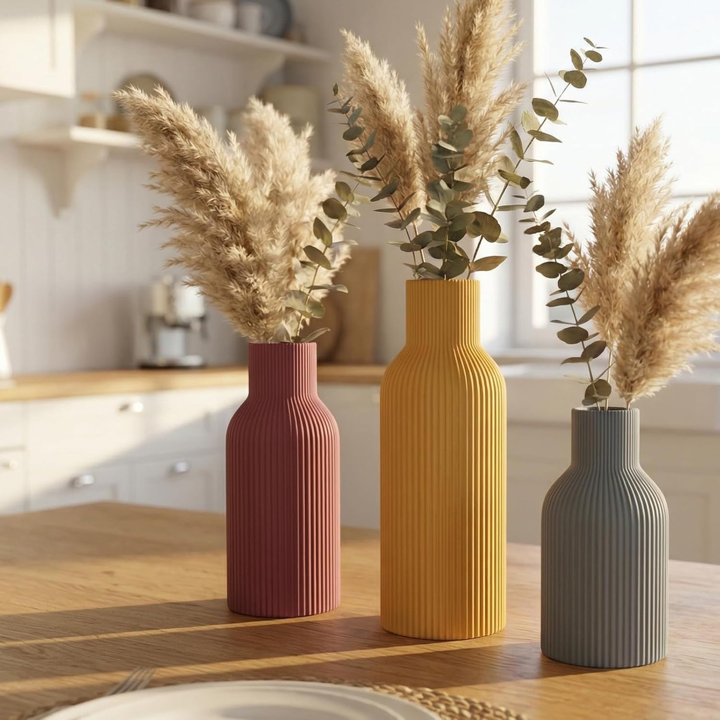 White Ceramic Flower Vases Set of 3, Modern Matte Vertical Ribbed, Nordic Minimalist Decor for Pampas, Dried & Fresh Flowers, Centerpiece for Living Room, Shelf, Entryway, Wedding,Office