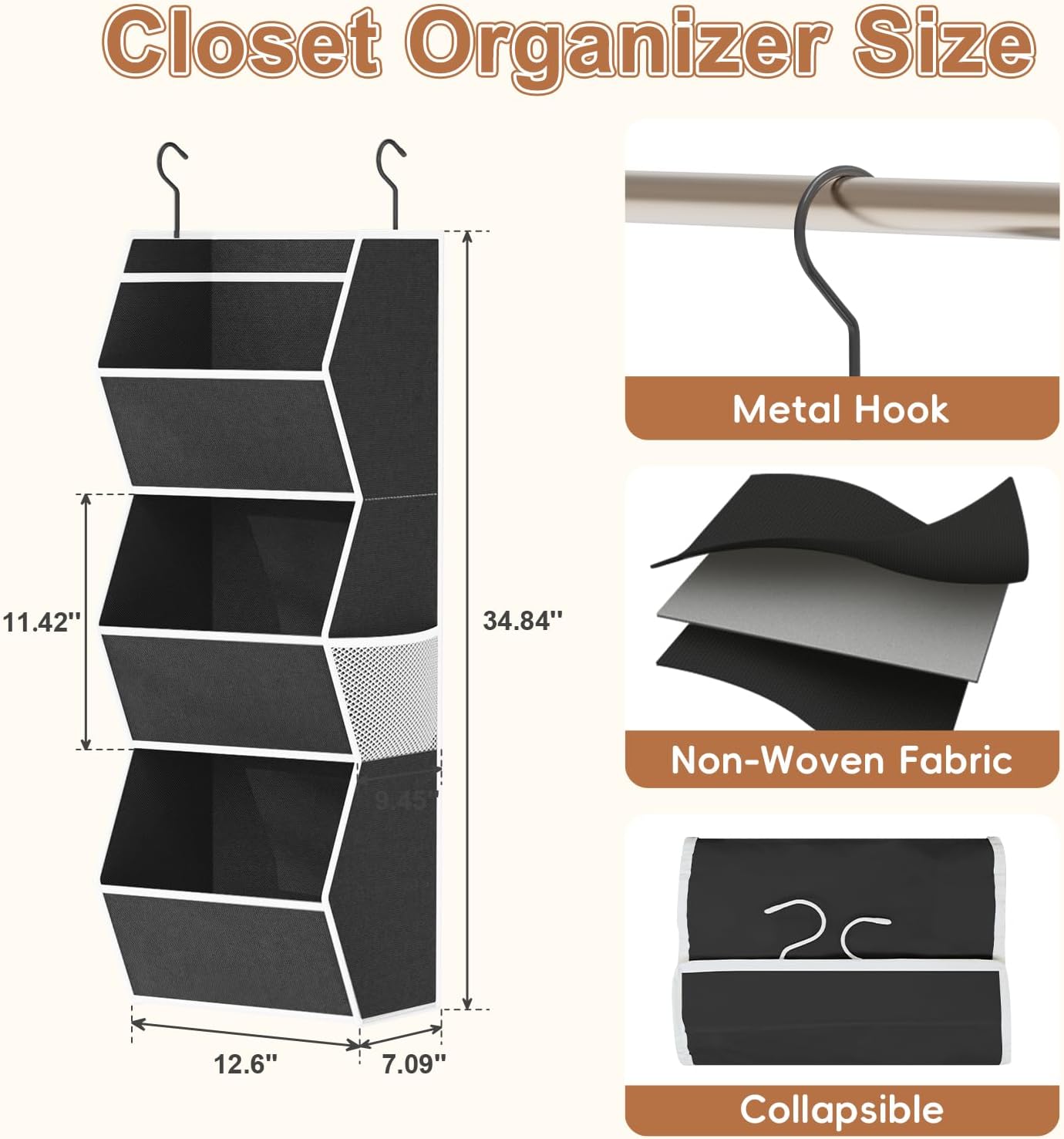 Hanging Closet Organizer 4 Shelf Collapsible Bedroom Closet Organizers and Storage Hanging with Mesh Pockets for Clothes, Fabric Hanging Storage Bins for Wardrobe Closet Organization and Storage, Grey