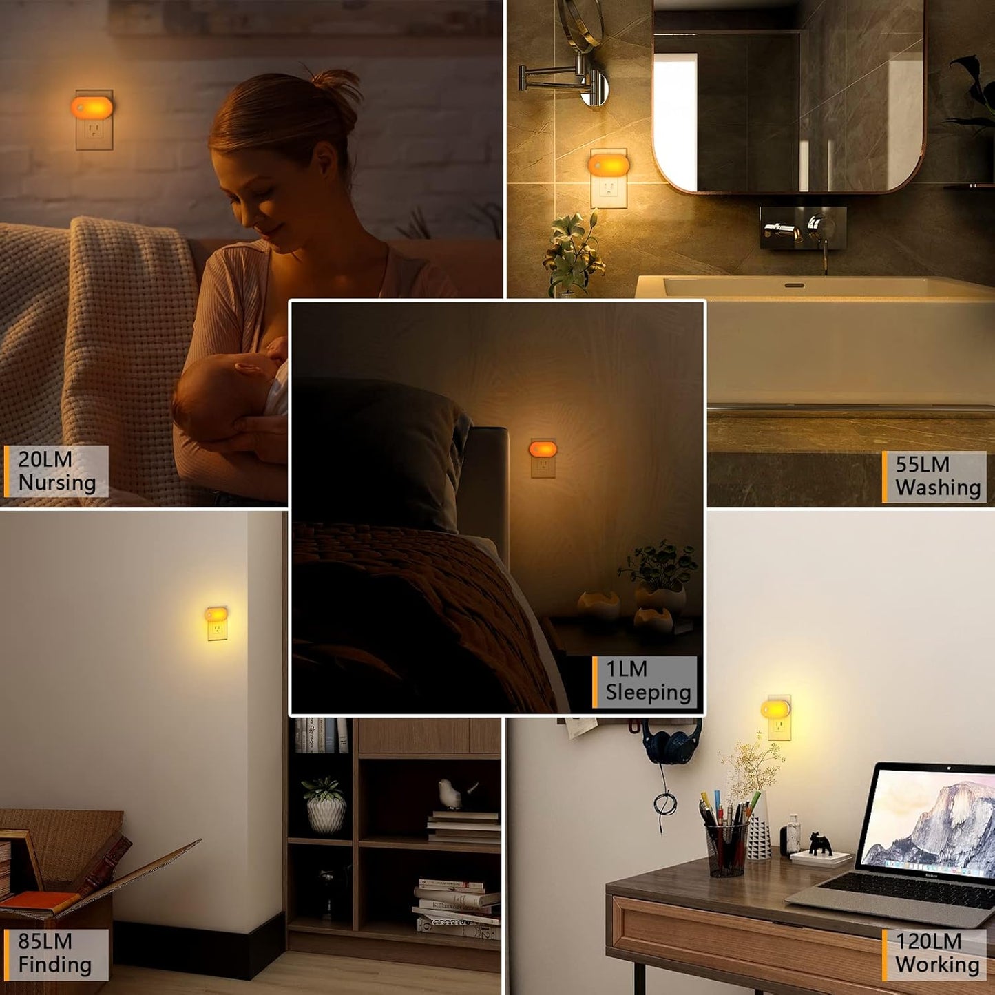 Lyridz 120LM Ultra Bright Plug-in Motion Sensor Night Light, Stepless Dimmable LED Nightlight, Always-On and Auto-Off, for Hallway, Stairs, Bathroom, Bedroom, Garage, Warm White (6-Pack)