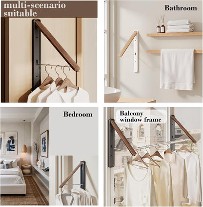 Retractable Wall Mounted Drying Rack - Foldable Clothes Hanger in Walnut or Oak Color for Laundry Room, Closet & Balcony (Oak, 1 Rack)