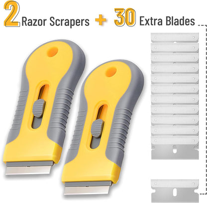 Bates- Razor Blade Scraper Tool, 2 Pack, 30 Extra Stainless Steel Blades, Anti-Slip Ergonomic Handle Design, Razor Scraper Set for Cleaning Window, Paint, Oven, Glass, Stove