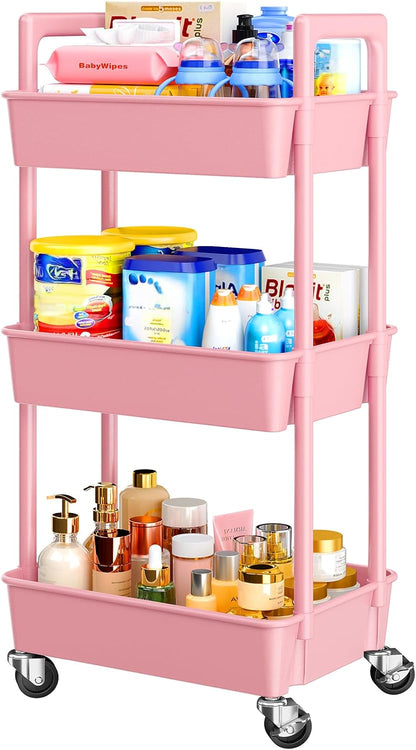 Pipishell 3 Tier Rolling Cart Organizer, Plastic Rolling Cart with Lockable Wheels & Reinforced Handle, Lightweight Utility Cart Storage Cart for Nursery, Kitchen, Bathroom, Craft Room, White, PIUC14W