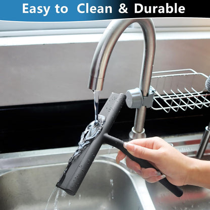 Squeegee for Shower Glass Doors, Resilient Loop - No-Drill & Adhesive Hook, Silicone Shower Squeegee with Stainless Steel Core, Cleaning Tool for Home, Kitchen, Bathroom & Car - Black