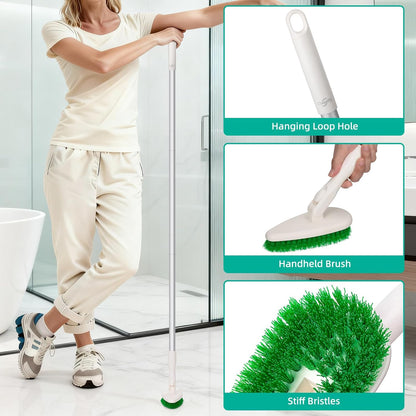 Qaestfy 4-in-1 Tub and Tile Shower Scrubber, 51'' Bathtub Cleaning Brush with Long Handle, Soft & Stiff Bristles Bathroom Scrub Brush, Non-Scratch Shower Cleaner Brush for Cleaning