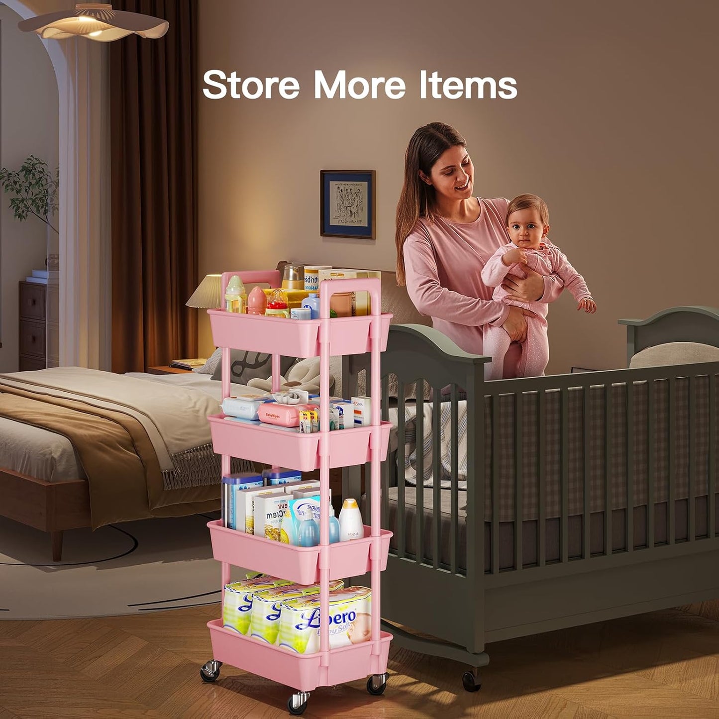 Pipishell 3 Tier Rolling Cart Organizer, Plastic Rolling Cart with Lockable Wheels & Reinforced Handle, Lightweight Utility Cart Storage Cart for Nursery, Kitchen, Bathroom, Craft Room, White, PIUC14W