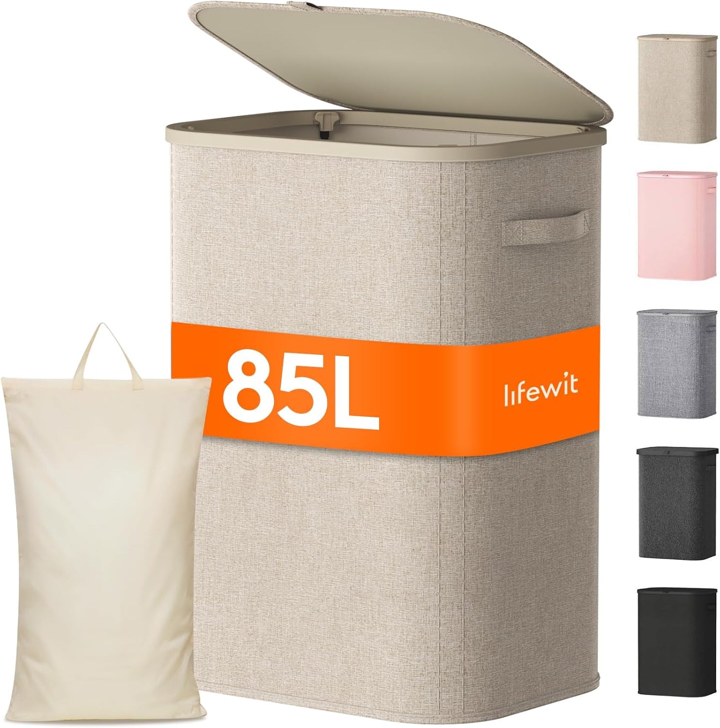 Lifewit 165L Large Laundry Basket with Lid, Laundry Hamper with Plastic Handles and Removable Bag, Foldable Tall Dirty Clothes Hampers for Laundry for Laundry Room, Bedroom, Bathroom, Dorm, Beige