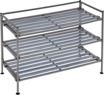 Seville Classics Sturdy Freestanding Storage Shelf for Bedroom, Closet, Entryway, Dorm Room Organizer Stackable Durable Metal Shoe Rack Ash Gray Slat, 3-Tier