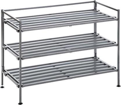 Seville Classics Sturdy Freestanding Storage Shelf for Bedroom, Closet, Entryway, Dorm Room Organizer Stackable Durable Metal Shoe Rack Ash Gray Slat, 3-Tier