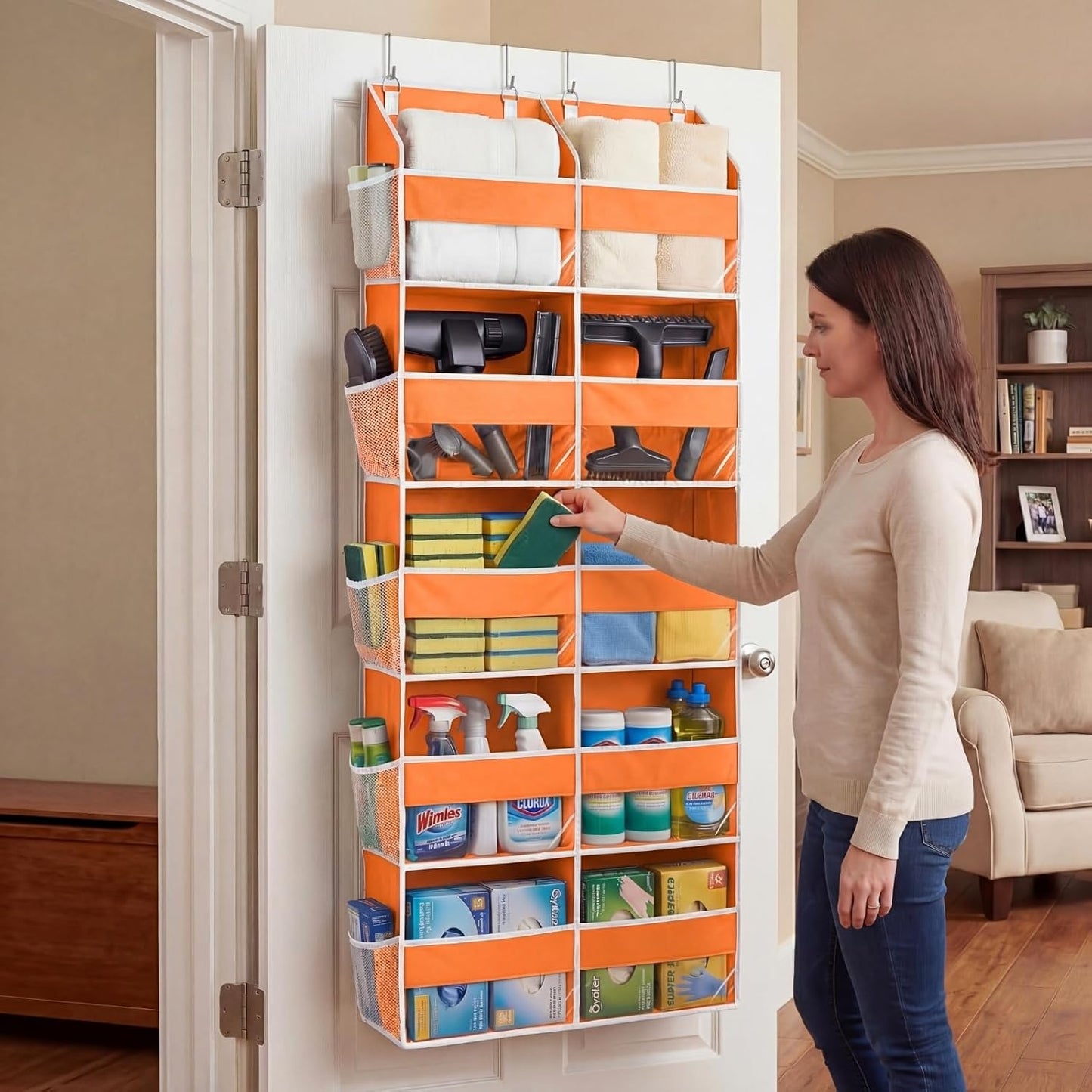 Over The Door Organizer, 5-Tier Extra Large Behind Door Storage with 10 Big Front & 10 Mesh Pockets, 80lb Capacity, Hanging Storage Organizer with Clear Window Kids Toys, Shoes, Diapers, Light Grey