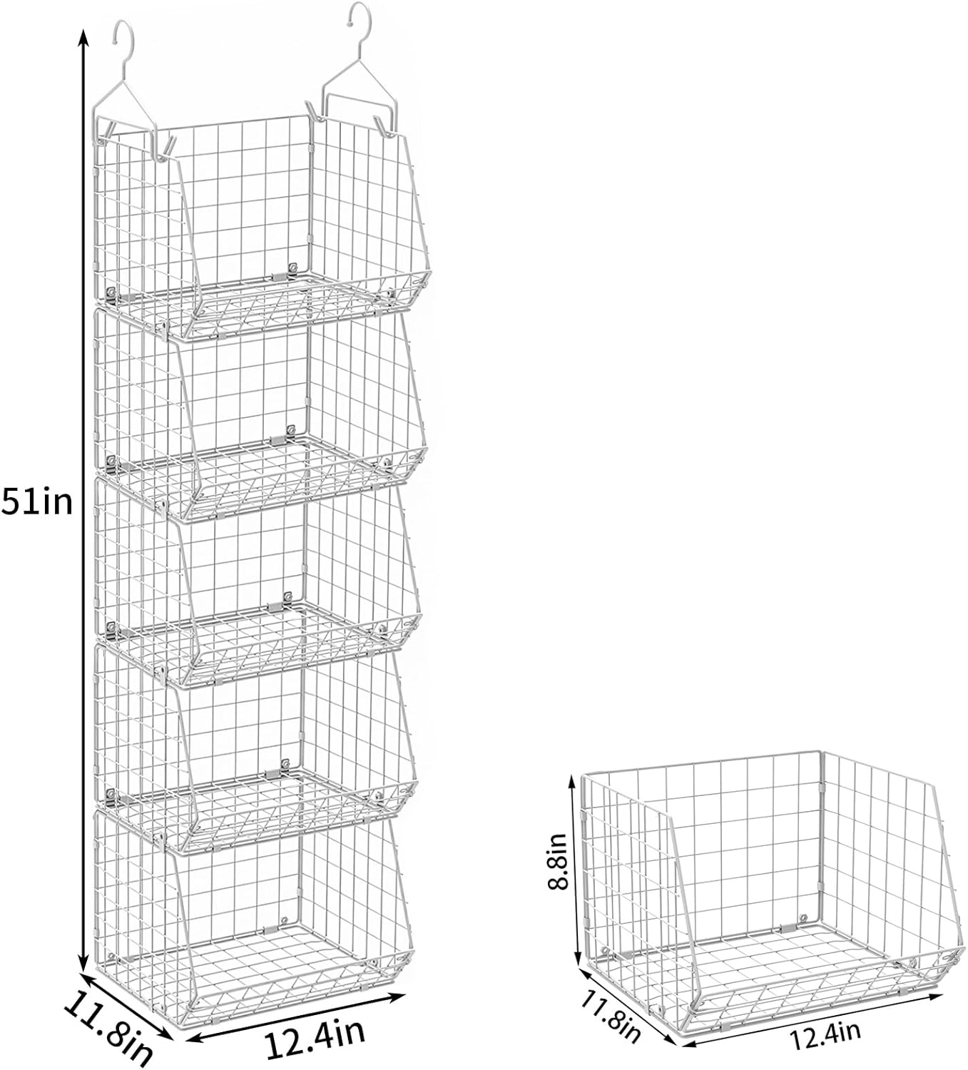 X-cosrack 5 Tier Closet Hanging Organizer, Clothes Hanging Shelves with 4 Hanging Hooks 5 S Hooks, Wire Storage Basket Bins, for Clothing Sweaters Shoes Handbags Clutches Accessories Patent Design