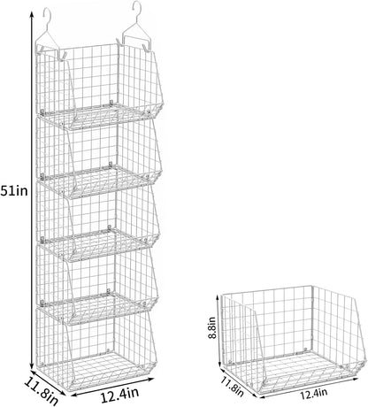 X-cosrack 5 Tier Closet Hanging Organizer, Clothes Hanging Shelves with 4 Hanging Hooks 5 S Hooks, Wire Storage Basket Bins, for Clothing Sweaters Shoes Handbags Clutches Accessories Patent Design