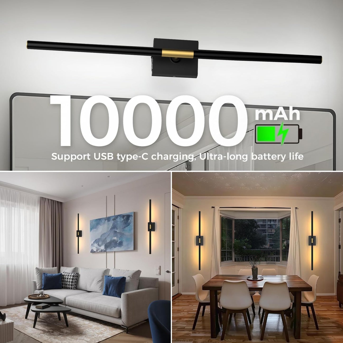 iThird Battery Operated Wall Sconces Set of 2: 10000mAh Rechargeable Wall Lights with Remote Control, 360° Rotate Wireless Wall Scone Decor for TV/Mirror Bedroom Living Room, 31.5 Inch, Black