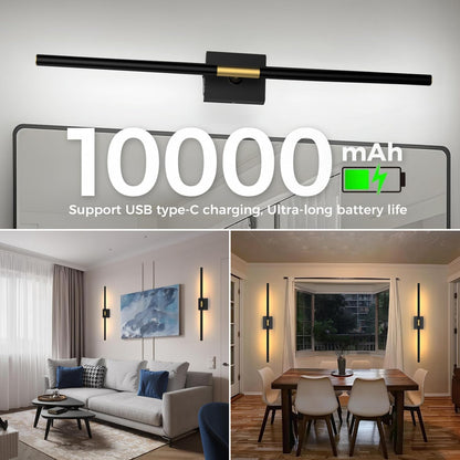 iThird Battery Operated Wall Sconces Set of 2: 10000mAh Rechargeable Wall Lights with Remote Control, 360° Rotate Wireless Wall Scone Decor for TV/Mirror Bedroom Living Room, 31.5 Inch, Black