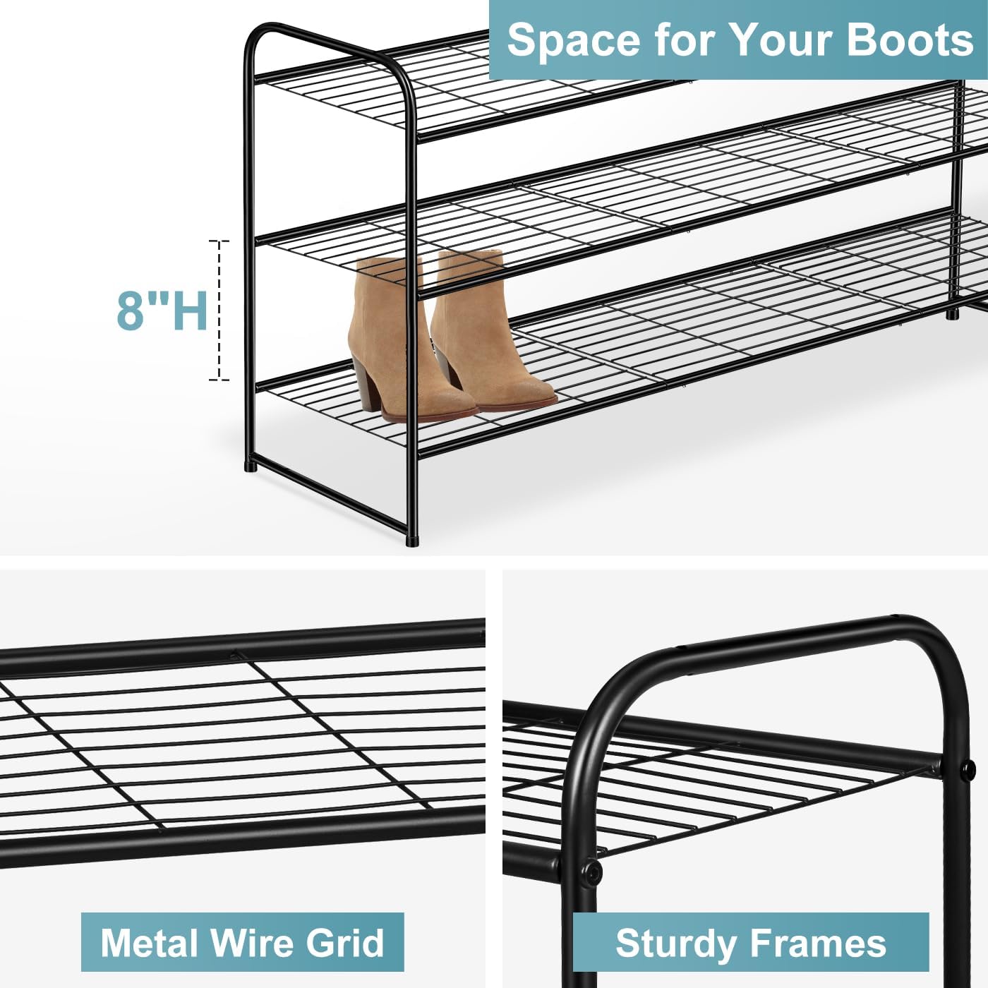 AOODA Long 3 Tier Metal Shoe Rack for Closet Wide Stackable Shoe Storage Organizer for Entryway, Bedroom, Floor, 24-Pairs Men Sneakers Shoe Shelf with Wire Grid, Black