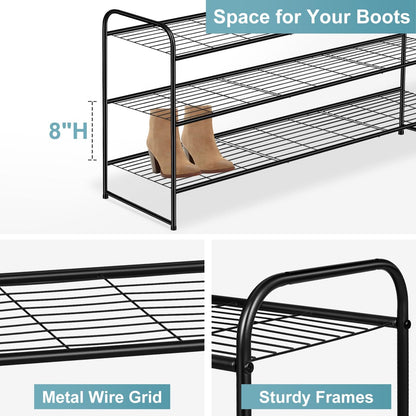 AOODA Long 3 Tier Metal Shoe Rack for Closet Wide Stackable Shoe Storage Organizer for Entryway, Bedroom, Floor, 24-Pairs Men Sneakers Shoe Shelf with Wire Grid, Black