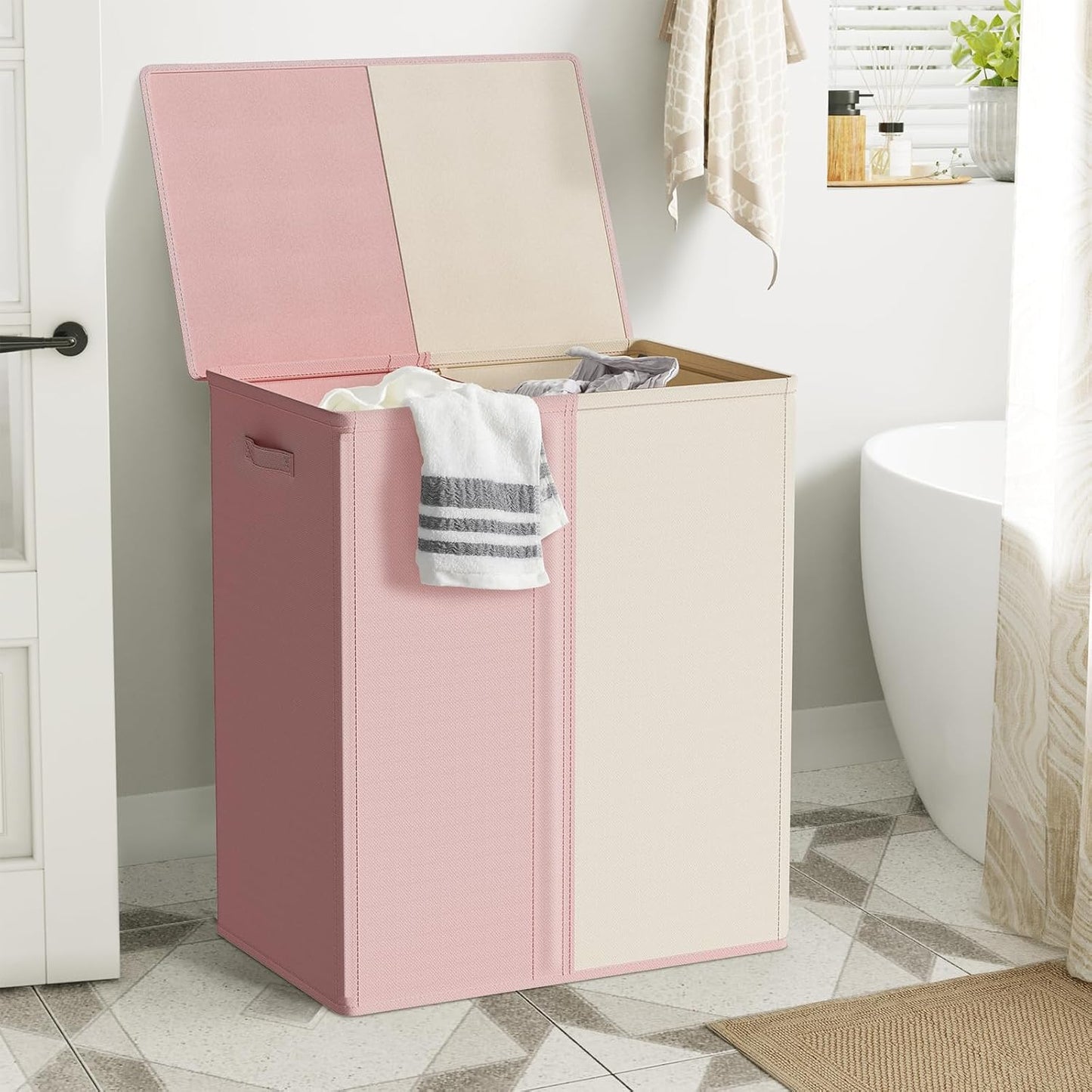WOWLIVE Double Laundry Baseket with Lid and Removable Laundry Bags,154L Large Laundry Hamper 2 Section Collapsible Dirty Clothes Hamper for Laundry Room,College Dorm,Bathroom,Black and Beige