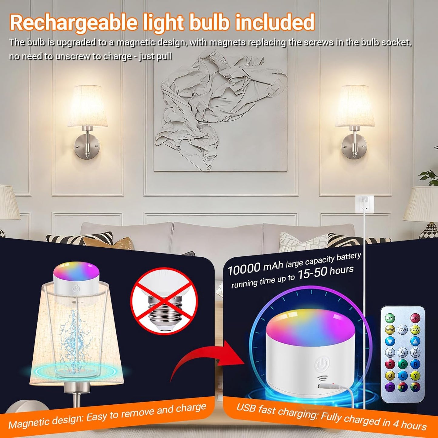 Wall Sconce Battery Operated Wall Light Fixure with Remote Control, Dimmable Battery Operated Wall Sconces Set Of Two, Indoor Wireless Wall Mounted Lamp with Rechargable Bulb For Bedroom Living Room (