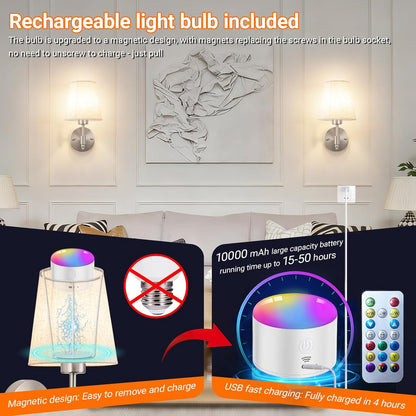 Wall Sconce Battery Operated Wall Light Fixure with Remote Control, Dimmable Battery Operated Wall Sconces Set Of Two, Indoor Wireless Wall Mounted Lamp with Rechargable Bulb For Bedroom Living Room (