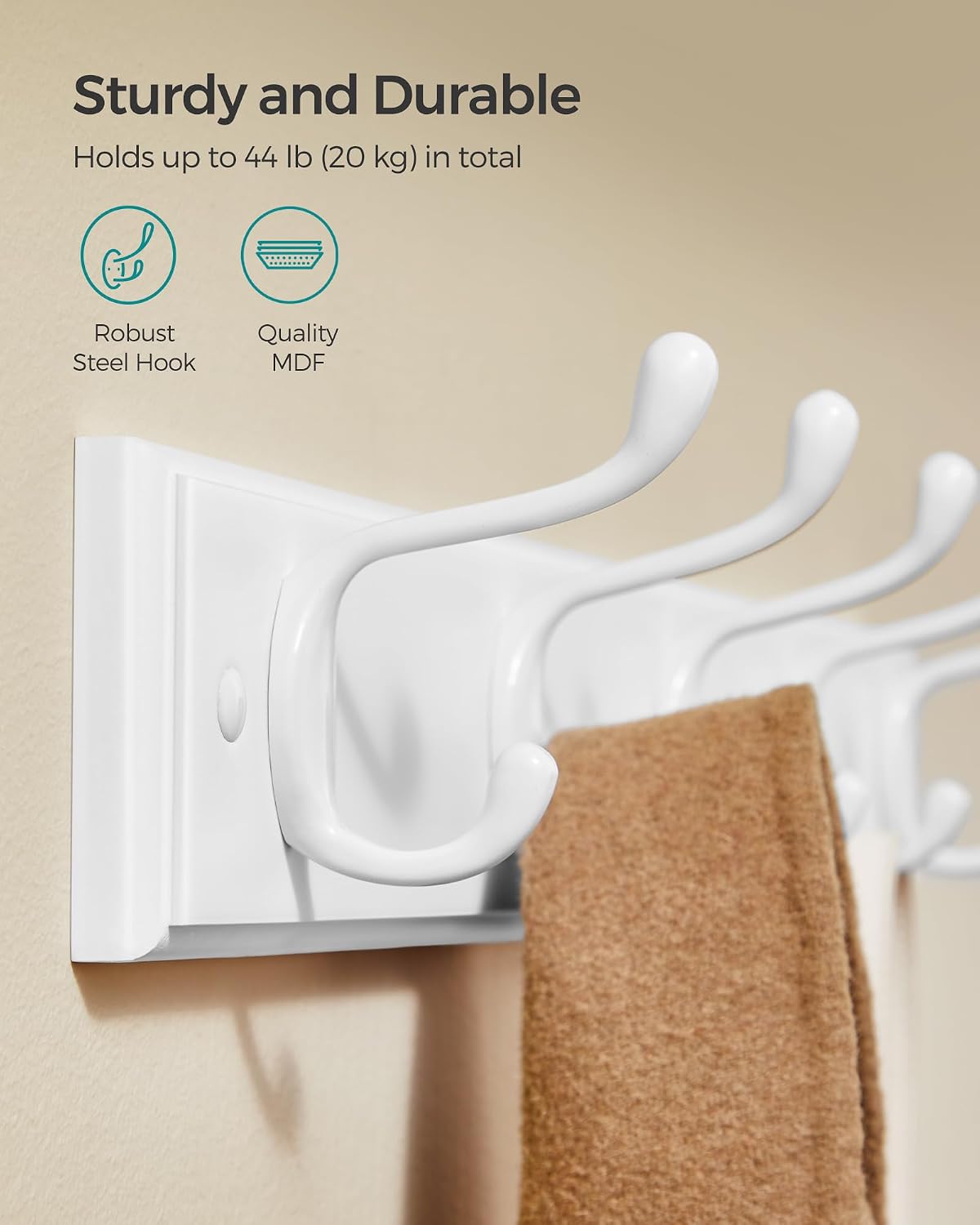 SONGMICS Wall-Mounted Coat Rack, Hook Rack, 4 Dual Metal Hooks, White | For Coats, Bags, Keys, in the Entryway, Bedroom, Living Room ULHR23WT