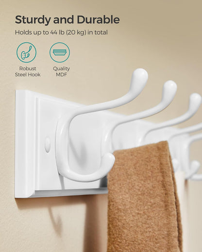 SONGMICS Wall-Mounted Coat Rack, Hook Rack, 4 Dual Metal Hooks, White | For Coats, Bags, Keys, in the Entryway, Bedroom, Living Room ULHR23WT