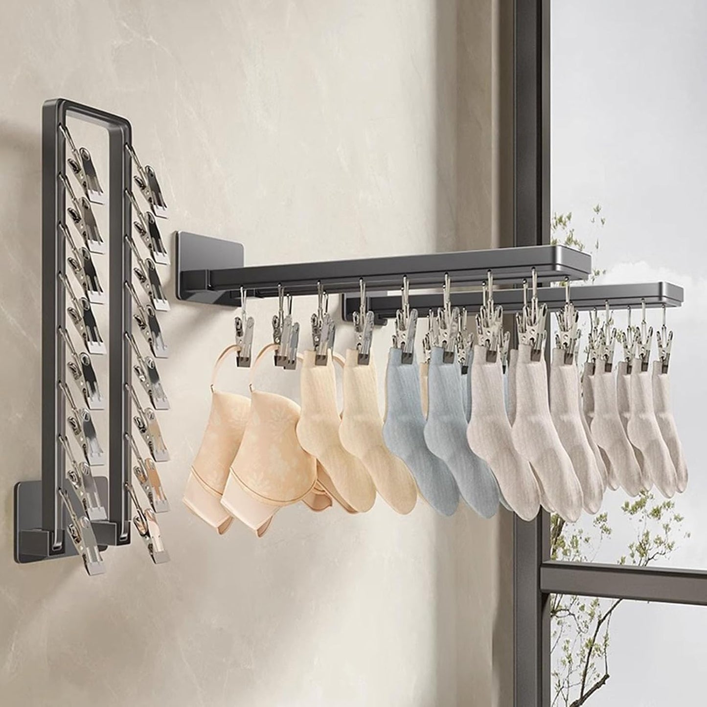 Pssopp Wall Mounted Drying Rack, Zinc Alloy Foldable Wall Clothes Rack, Space Saving Laundry Hanger 8 X 6.2 Cm for Socks Bras Underwear Towels in Laundry Room Bathroom (8 Clips (23.3cm/9.2in))