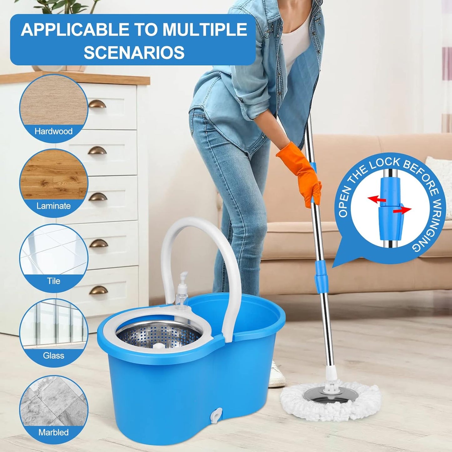 Spin Mop and Bucket with Wringer Set, 360° Spinning Mop Bucket System with 3 Microfiber Mop Replacement Heads, Adjustable Handle for Floor Cleaning (Green)