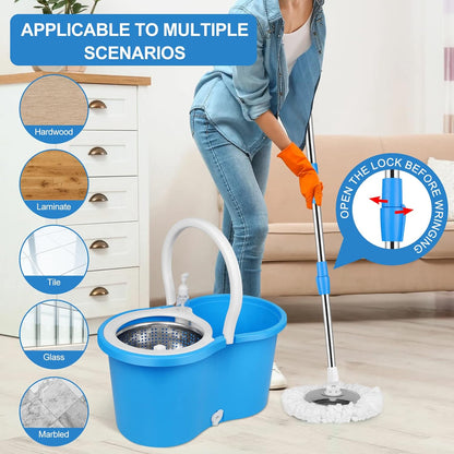 Spin Mop and Bucket with Wringer Set, 360° Spinning Mop Bucket System with 3 Microfiber Mop Replacement Heads, Adjustable Handle for Floor Cleaning (Green)