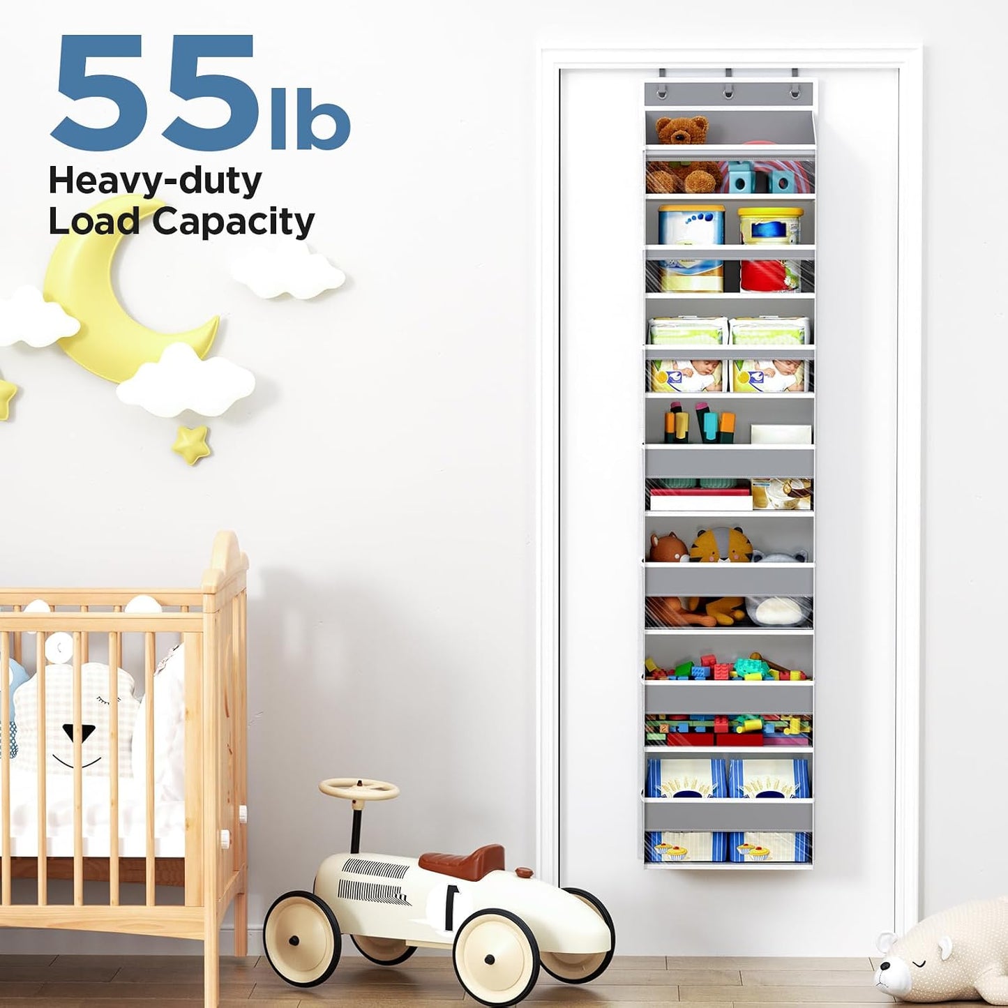 6 Tiers Over The Door Organizer, Heavy Duty Hanging Organizer Storage with Large Capacity Pockets, Behind Door Storage Hanging Shelves for Closet Wall Bathroom Bedroom Nursery Pantry, 1 Pack Grey