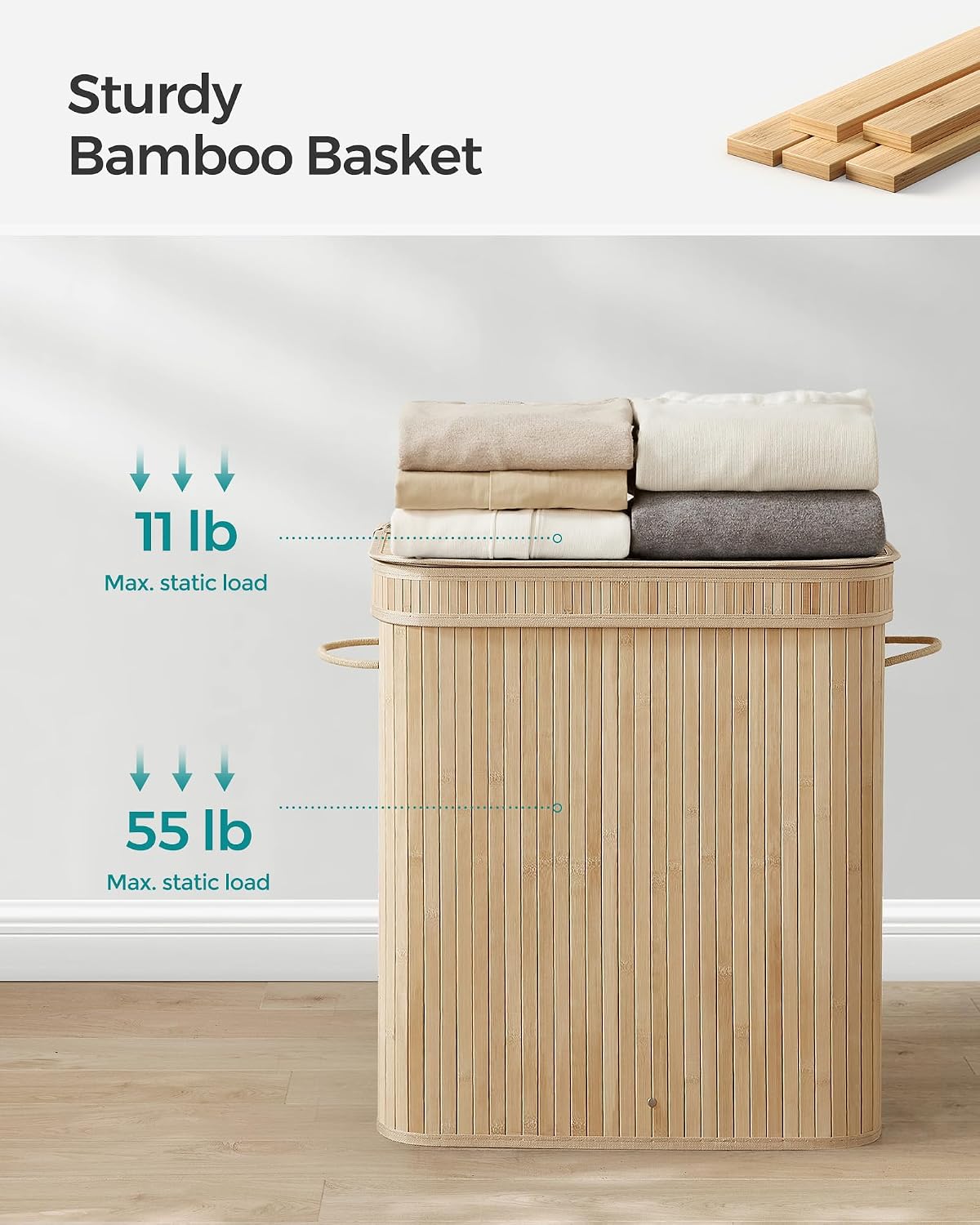 SONGMICS Laundry Hamper with Lid, Bamboo Launry Basket with Handles, Foldable Storage Basket for Laundry Room, Bedroom, 100L, Brown ULCB063K02