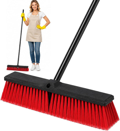 24" Outdoor Push Broom with 65" Extendable Pole, Heavy Duty Stiff Bristle for Floor Cleaning, Patio, Deck, Driveway, Garage, Yard, Warehouse Sweeping (Red, 18" Brush Head)