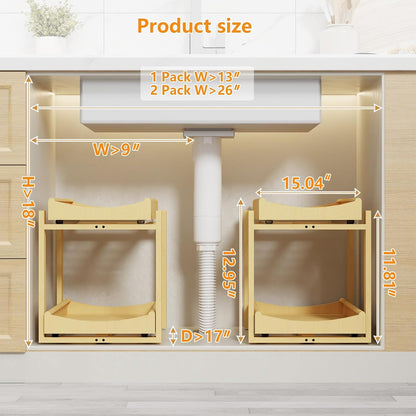 Bamboo Under Sink Organizer Adjustable Height 2 Tier Bathroom Organizer Pull Out Cabinet Storage Kitchen Heave Duty Wood Slide Ou Shelf for Kitchen Bathroom (Black, 2 Packs) (Black, 2 Pack)