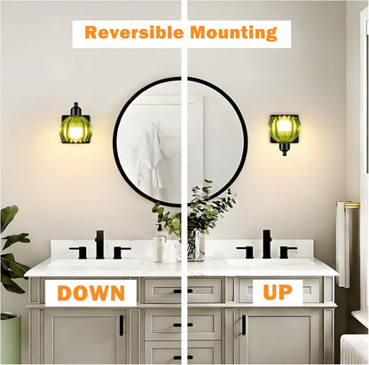 Rechargeable Battery Operated Wall Sconce Set of 2, Wireless Battery Powered Gold Wall Lamps with Green Tulip Glass, Vintage Dimmable Wall Lights with Remote Control for Bedroom Living Room