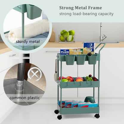 danpinera Storage Cart on Wheels, 3 Tier Slim Laundry with Wheels Bathroom Organizer with Hanging Cups Hooks Dividers Handle Mobile Rolling Art Cart for Bathroom Kitchen Narrow Places, White